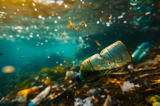 Plastic pollution in the ocean, garbage floating under water illuminated with sunlight. Neural network generated image. Not based on any actual scene or pattern.