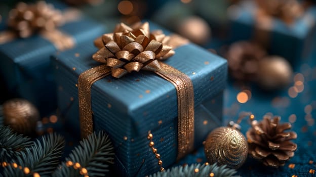 Blue Christmas gift boxes with a gold bow for holiday background. Neural network generated image. Not based on any actual scene or pattern.