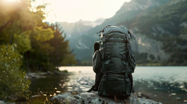 Tourist backpack on the lake background. Travel adventure professional equipment. AI generated
