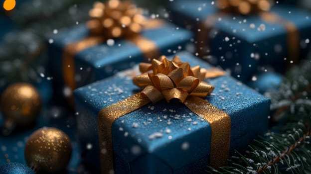Blue Christmas gift boxes with a gold bow for holiday background. Neural network generated image. Not based on any actual scene or pattern.