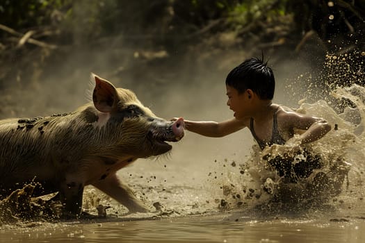Boy with a pig in a dirt. Never wrestle with a pig because you will both get dirty and the pig likes it. Neural network generated image. Not based on any actual scene or pattern.