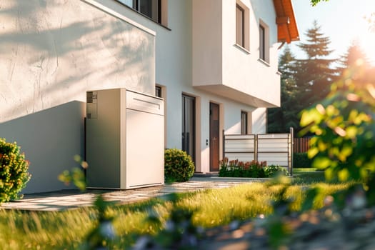 Modern heat pump in a front garden as an environmentally friendly variant of a heating system. AI generated