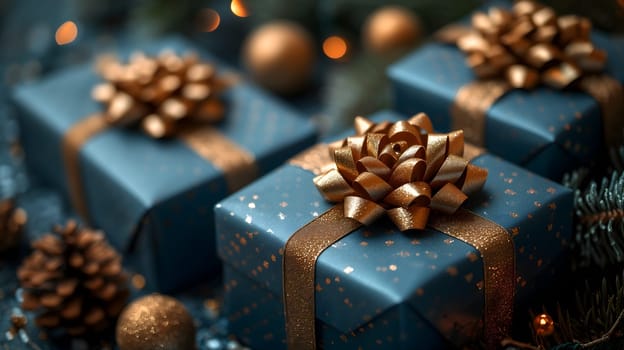 Blue Christmas gift boxes with a gold bow for holiday background. Neural network generated image. Not based on any actual scene or pattern.
