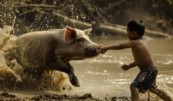 Boy with a pig in a dirt. Never wrestle with a pig because you will both get dirty and the pig likes it. Neural network generated image. Not based on any actual scene or pattern.