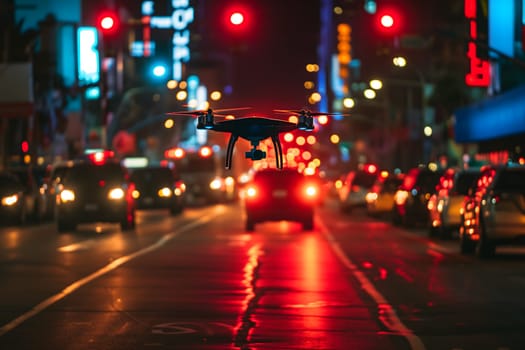 Copter drone flying low at night downtown city street. Neural network generated image. Not based on any actual scene or pattern.