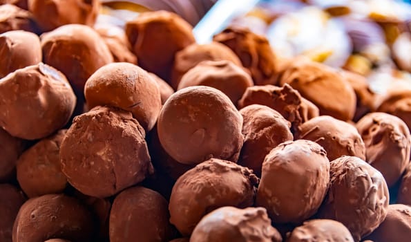 Traditional chocolate products sold in a Belgian confectionery shop in Bruges