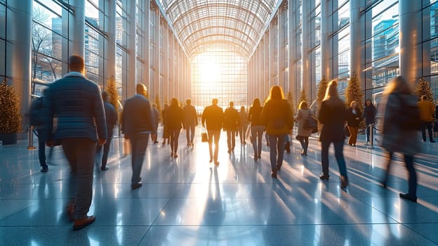 Many business people walking in bright office lobby fast moving with blurry. Neural network generated image. Not based on any actual scene or pattern.