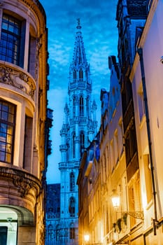Architecture of the Grand Place or Grote Markt in Brussels, Belgium after sunset