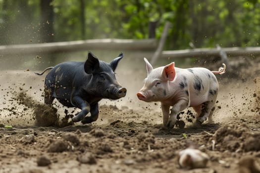 Two pigs running in a dirt at sunny day with splashes of mud. Neural network generated image. Not based on any actual scene or pattern.