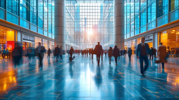 Many business people walking in bright office lobby fast moving with blurry. Neural network generated image. Not based on any actual scene or pattern.