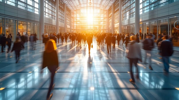 Many business people walking in bright office lobby fast moving with blurry. Neural network generated image. Not based on any actual scene or pattern.