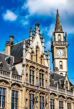 GHENT, BELGIUM - AUG 24, 2022: Architecture of the historic city center of Ghent in the Flemish Region of Belgium