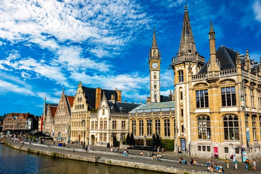 GHENT, BELGIUM - AUG 24, 2022: Architecture of the historic city center of Ghent in the Flemish Region of Belgium