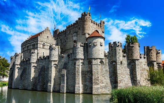 The Gravensteen, a medieval castle in the city of Ghent, East Flanders in Belgium