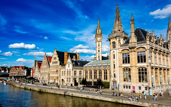 GHENT, BELGIUM - AUG 24, 2022: Architecture of the historic city center of Ghent in the Flemish Region of Belgium