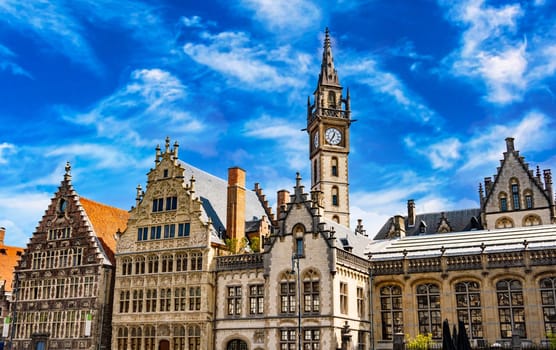 GHENT, BELGIUM - AUG 24, 2022: Architecture of the historic city center of Ghent in the Flemish Region of Belgium
