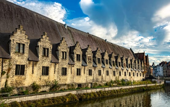 GHENT, BELGIUM - AUG 24, 2022: Architecture of the historic city center of Ghent in the Flemish Region of Belgium