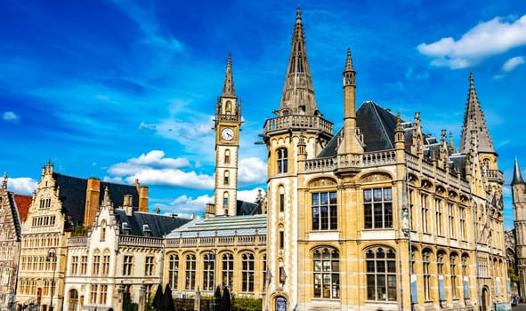 GHENT, BELGIUM - AUG 24, 2022: Architecture of the historic city center of Ghent in the Flemish Region of Belgium