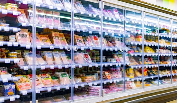 LEUVEN, BELGIUM - AUG 26, 2022: Food products displayed in a commercial refrigerator in supermarket