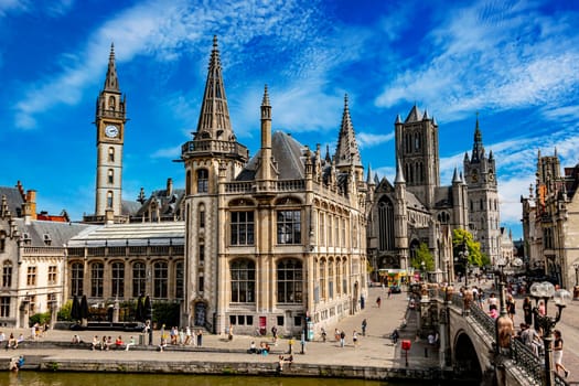 GHENT, BELGIUM - AUG 24, 2022: Architecture of the historic city center of Ghent in the Flemish Region of Belgium
