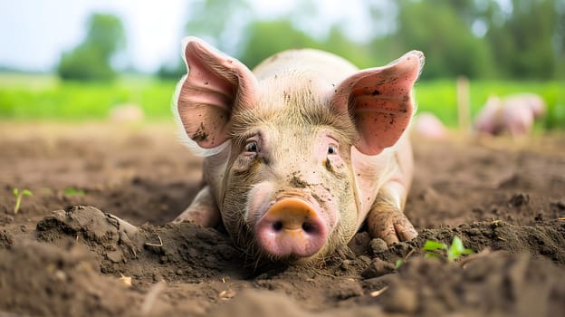 Young pig laying in a dirt. Neural network generated image. Not based on any actual scene or pattern.