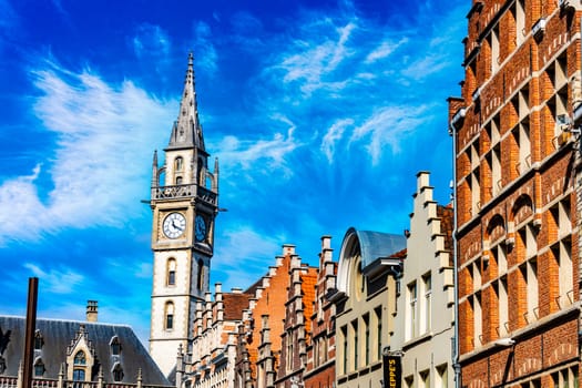 GHENT, BELGIUM - AUG 24, 2022: Architecture of the historic city center of Ghent in the Flemish Region of Belgium