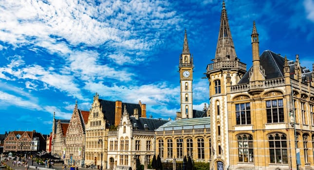 GHENT, BELGIUM - AUG 24, 2022: Architecture of the historic city center of Ghent in the Flemish Region of Belgium