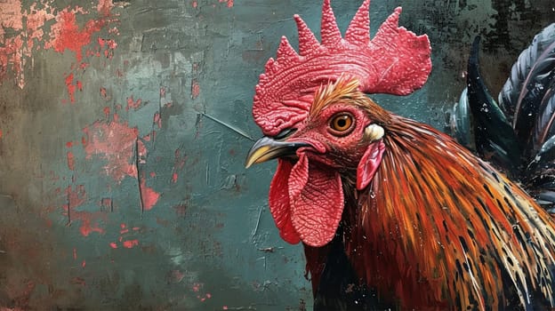 A vivid portrait of a rooster with a detailed comb against a textured, abstract background, copy space.