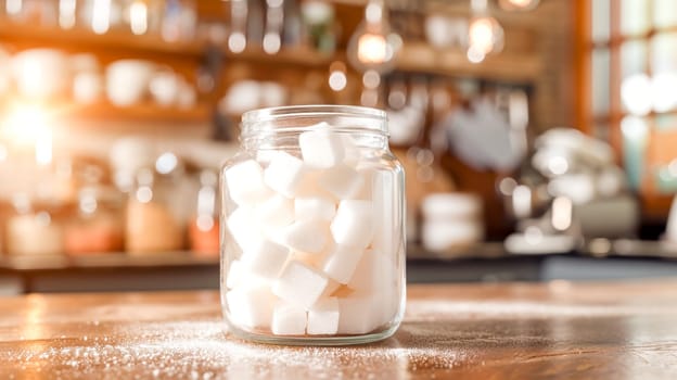 A clear jar filled with sugar cubes on a warm kitchen background with copy space.