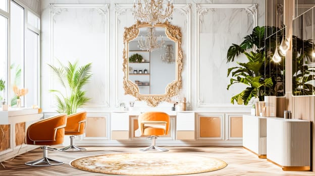A bright and airy beauty salon with elegant mirrors and a welcoming atmosphere, copy space.