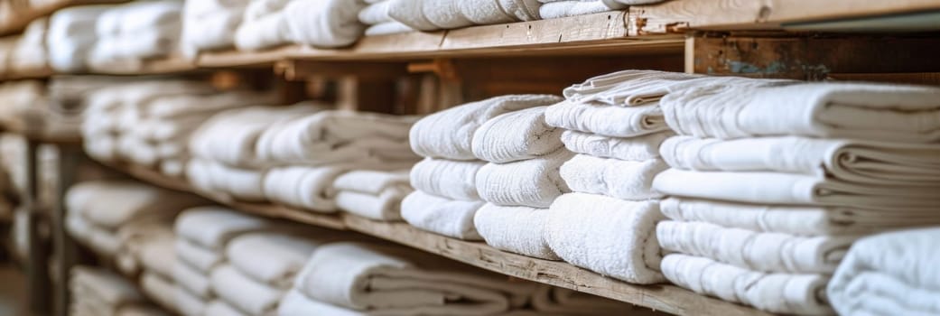 stacks of white towels on the shelves Stacked white linens neatly arranged on wooden shelves in a storage room.