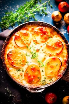 Golden-browned frittata with tomato slices and fresh herbs in a skillet, perfect for brunch, copy space.