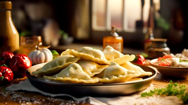 A plate of traditional dumplings sits amid a rustic table setting, infused with warm, natural light.
