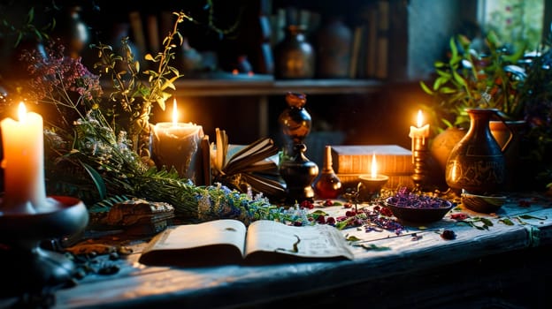 a table with an old book, lit by candles, with herbs and bottles of potions, creating a mystical atmosphere.