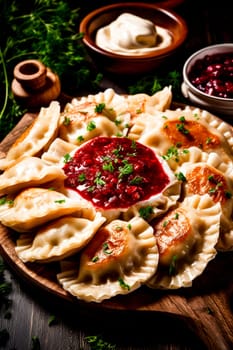 A plate of freshly prepared dumplings with berry sauce on a wooden board