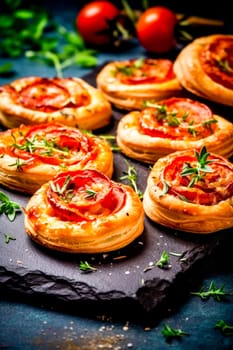 Freshly baked tomato tartlets garnished with herbs on a dark slate serving board.