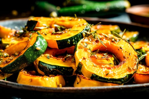 Roasted butternut squash and zucchini slices with herbs, seeds, and spices in a cast iron pan.