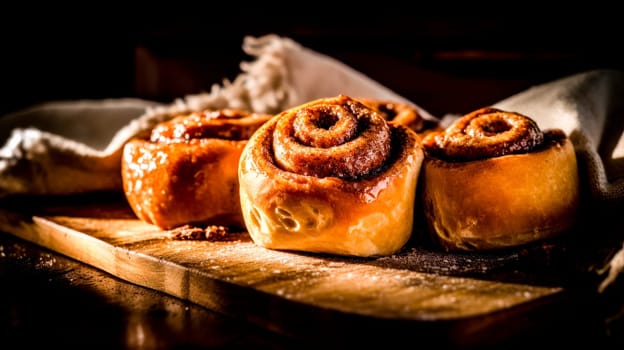 Three cinnamon rolls with a golden crust, sprinkled with sugar, lie on a wooden cutting board.