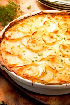 A close-up of a creamy potato gratin dish garnished with fresh herbs, showcasing a golden crispy top.