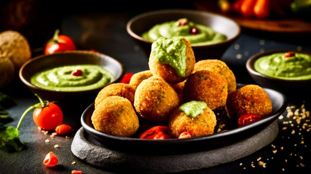 Crispy brown falafel balls accompanied by a vibrant green sauce, garnished with herbs on a rustic setup.
