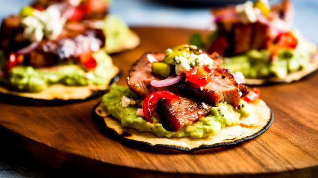 Close-up of grilled meat tostadas with avocado and tomatoes, served on wooden board.
