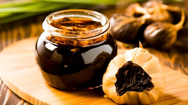 Whole and peeled black garlic cloves with a jar of aged garlic on a wooden board.