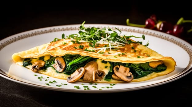 A delicate crepe filled with sauteed mushrooms, spinach, and garnished with fresh herbs.
