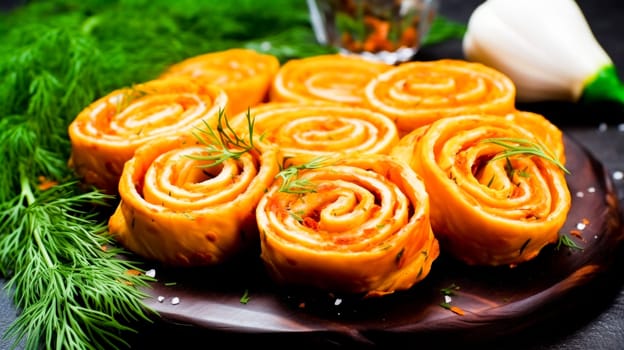 Elegant smoked salmon pinwheels, intricately rolled with herbs and spices, garnished with dill.
