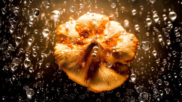Close-up of a mushroom cap surrounded by suspended water droplets, highlighting its texture.