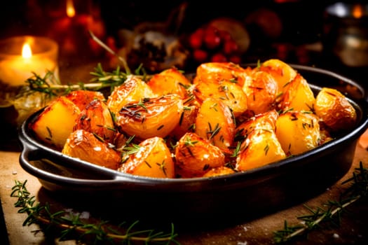 Roasted golden potatoes seasoned with rosemary, served in a rustic pan with ambient lighting.