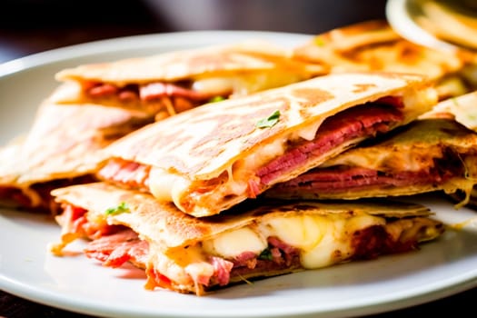 A quesadilla filled with melted cheese and pastrami, cut into triangles on a white plate.