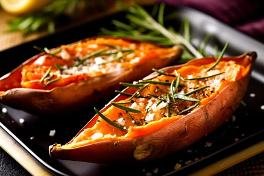 Baked sweet potatoes seasoned with rosemary, on a sleek black serving tray.