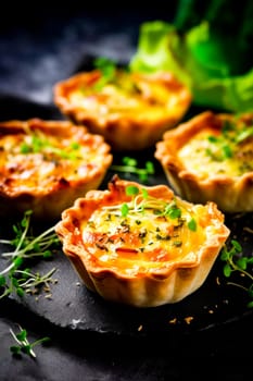 Mini Quiche Delights. Savory mini quiches served on a slate tray, topped with fresh herbs.