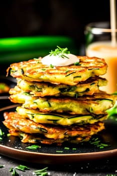 A stack of crispy zucchini fritters topped with a dollop of sour cream and chives.